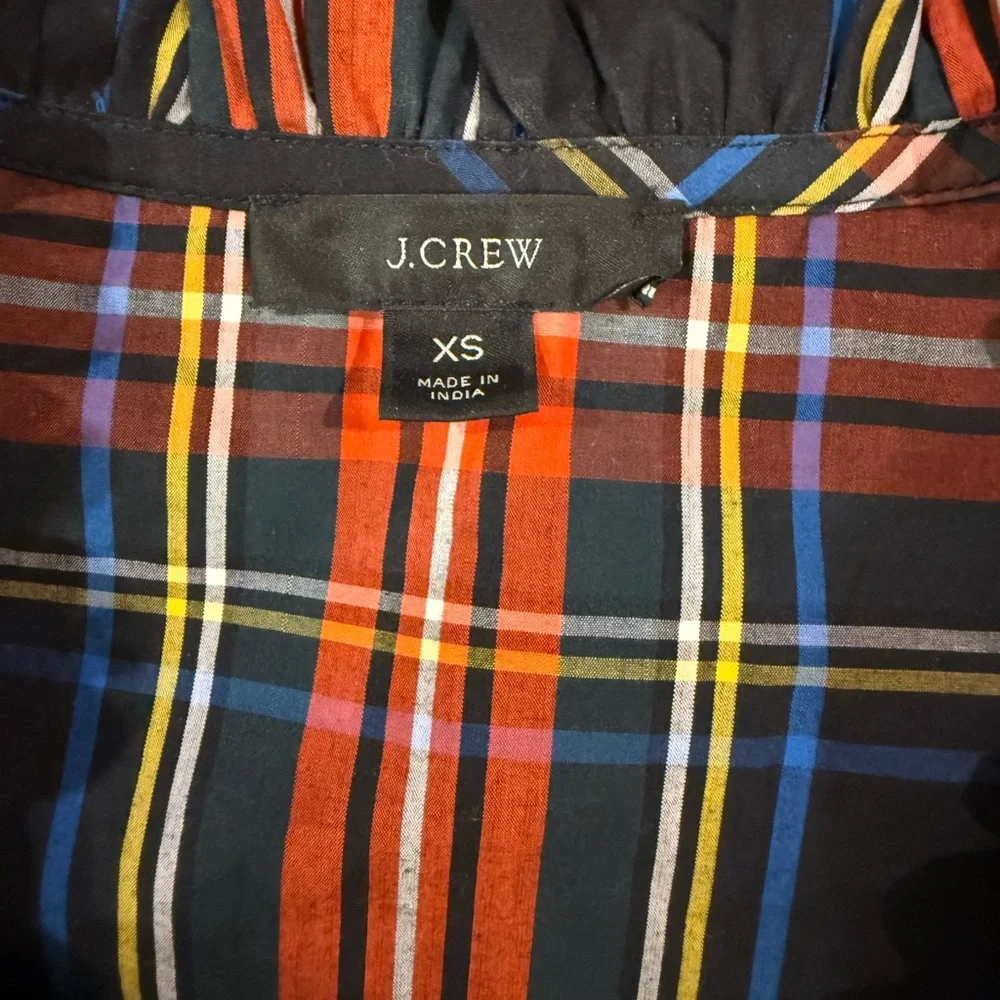 J.Crew Stewart Tartan Plaid Tie Neck Ruffle Blouse Top XS